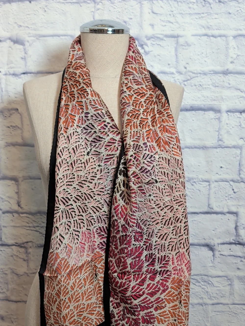 Nicole Miller Pink Orange Leaf Motif Narrow Scarf